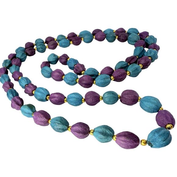 Purple & Teal Dyed Seed Beaded Long Layering Necklace 32" Chain Jewelry - Picture 1 of 11